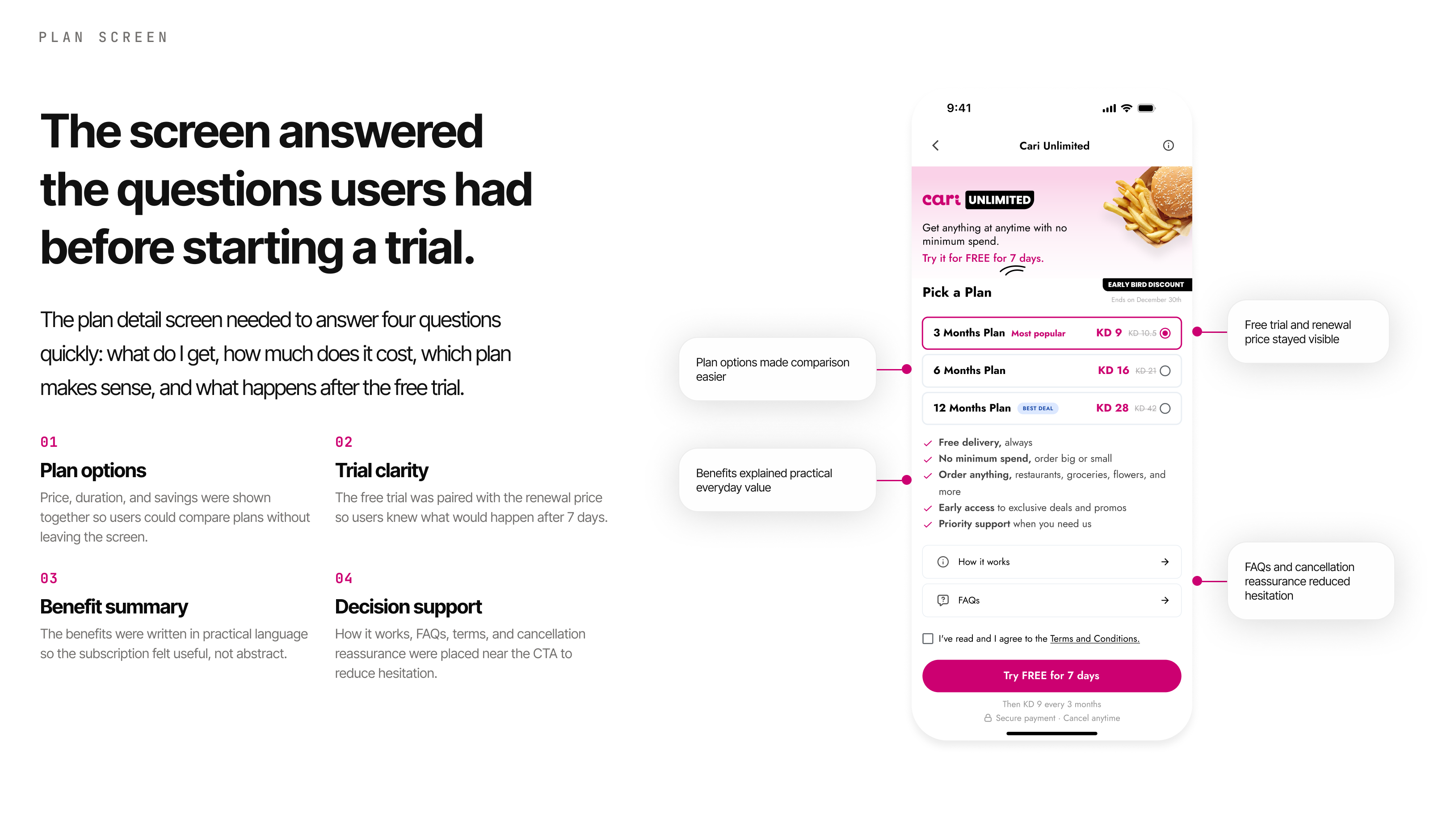 Cari Unlimited plan screen showing pricing, benefits, trial details, and subscription call to action.